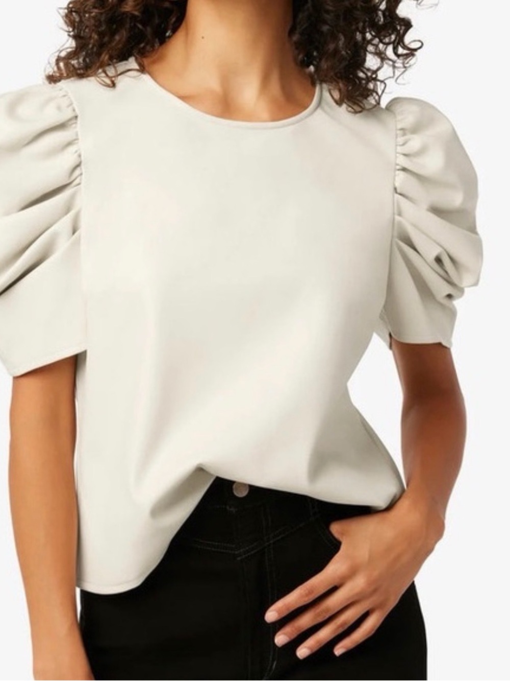 TCEC White Faux Leather Puff Sleeve Top Chic Minimalist Blouse | Size S